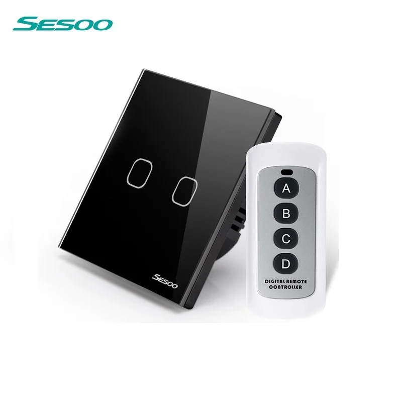 SESOO EU Standard Remote Control Switch ,2 Gang 1 Way,Crystal Glass Switch Panel,RF433 50/60HZ Wall Touch Switch+LED Indicator