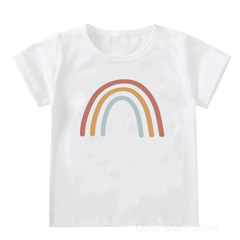 Camiseta branca de manga curta infantil, estilo casual, camiseta arco-íris fofa, roupas elegantes, meninos e meninas, verão