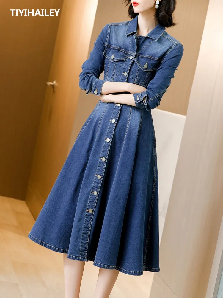 TIYIHAILEY Women Long Stretch Knee length Dresses Denim Spring And Autumn Long Sleeve 2024 High Quality Single Breasted S-4XL