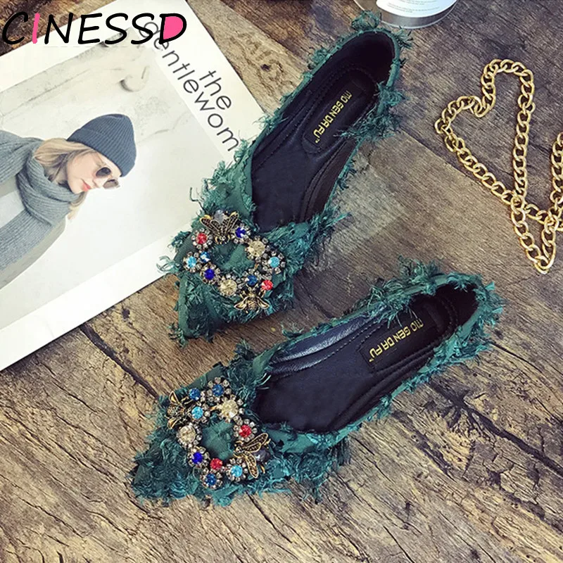 Kobiety eleganckie mieszkania buty łuk Rhinestone obuwie damskie 2019 jesień wskazał zamknięte Toe mieszkania Slip On buty damskie rozmiar Party