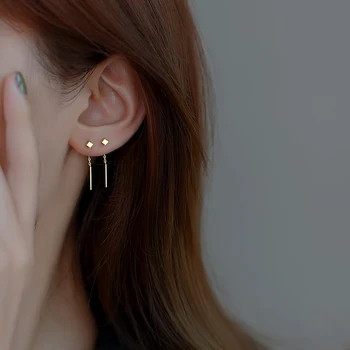 여성을위한 한국어 미니멀리스트 롱 술 귀걸이 골드 실버 컬러 기하학적 인 사각형 교수형 귀 라인 여자 파티 쥬얼리 선물 
