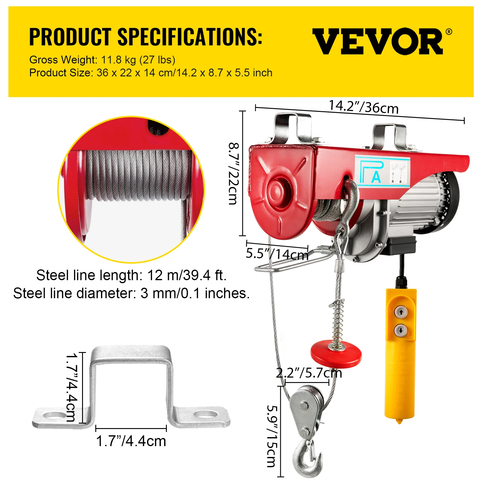 VEVOR Strumento di Sollevamento Elettrico, 220 V 100-800 kg PA400 Ascensore Paranco Elettrico in Ghisa e Alluminio per Sollevare Oggetti di Forma Regolare o Irregolare Come Pietre, Alberi, Falciatrici