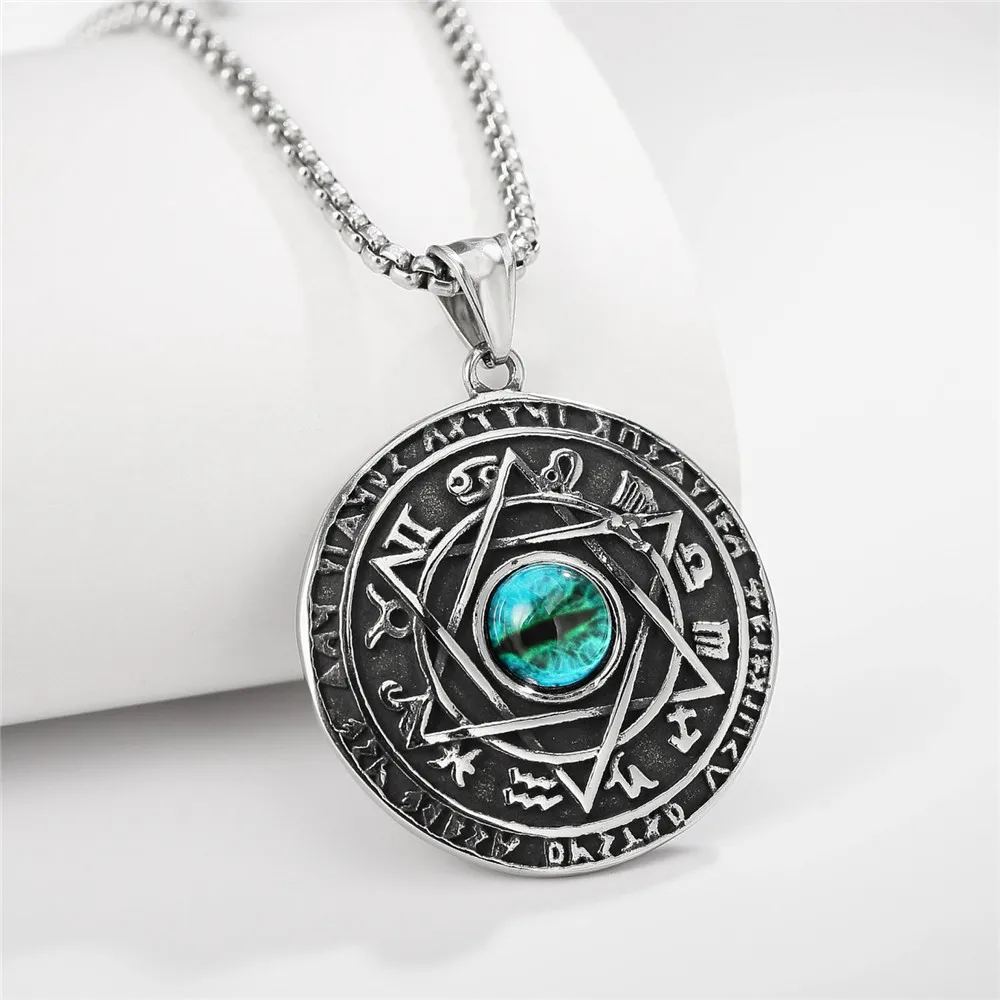 Six Pointed Viking Rune Cat's Eye Stone Inlaid Round Pendant Necklace Men's Women's Necklace New Metal Accessories Party Jewelry