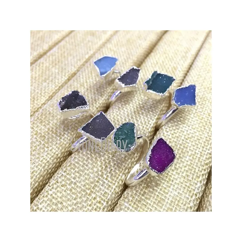 

RM327 5Pcs Double Silver Electroplated Irregular Shape Ring Random Color Agates Druzy Ring Sale Adjustable