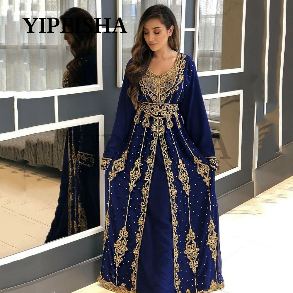 

Moroccan Dubai Kaftan V-Neck A-Line Evening Dress Embroidery Appliques Long Formal Gown Full Sleeve Arabic فساتين السهرة vestido