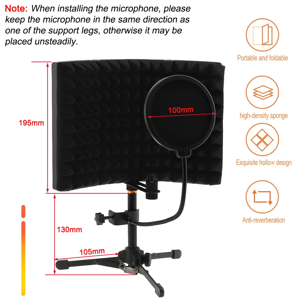 Microphone Isolation Shield Tripod Pop Filter Set Wind Screen Mic Shield Plate Foldable Isolation Shield 3/8 to 5/8 Inch Screw