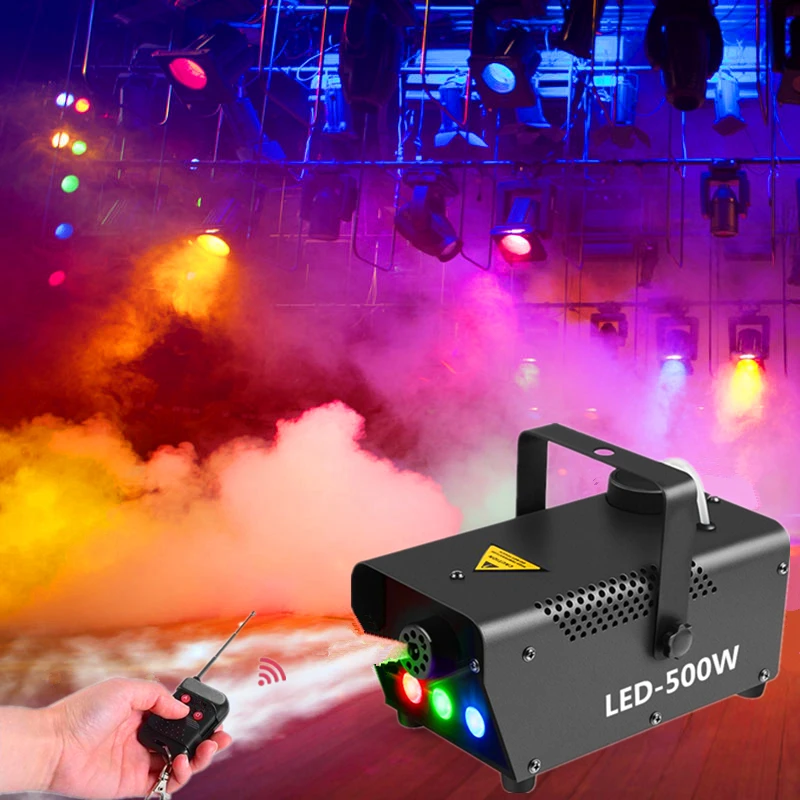 

Fog Machine With RGB LED Lights, With Wireless and Wired Remote Control for Stage Effects Party Show 500W DJ LED Smoke Machine