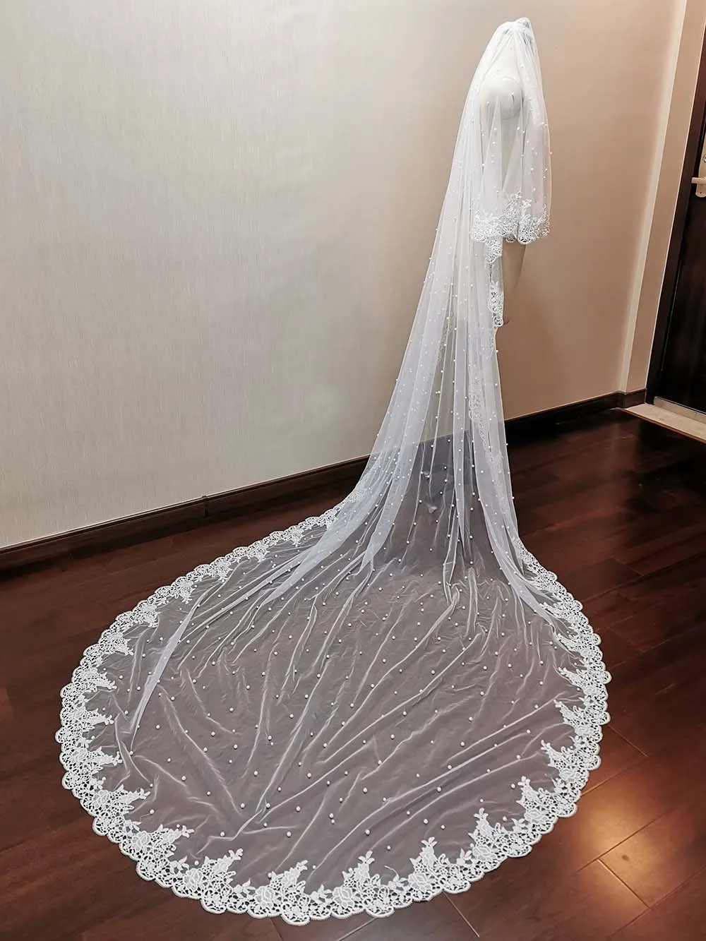 Luxury Pearls Wedding Veil with Lace Trim 137