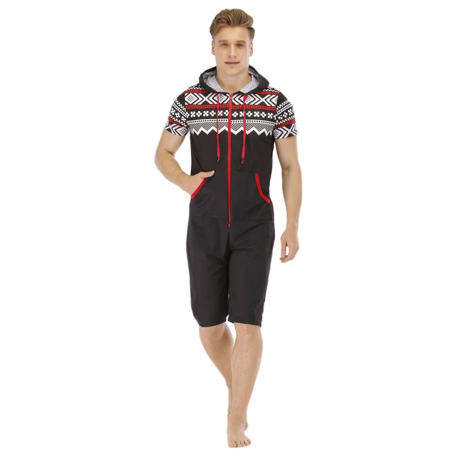 Adult Onesie For Men Short Sleeve Summer Hooded Pajamas Set Black Pajamas Set One Piece Soft Sleepwear Onesies AliExpress