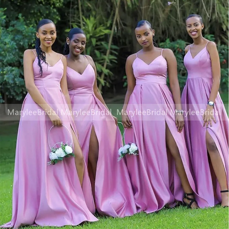 Vestidos de dama de honor lilas simples para mujer africana, Vestido largo con tirantes finos, Vestido de fiesta de boda, madrina, 2020