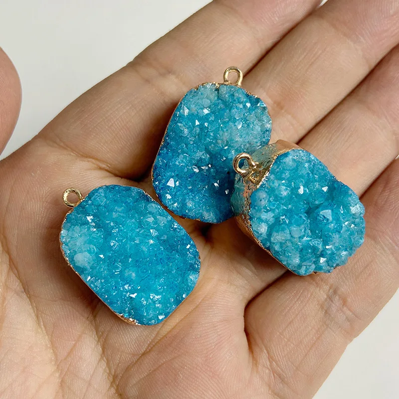 1PC Natural Blue Druzy Stone Pendant Connecter Metal Mineral Specimen Crystal Agates Slice Pendant Charm Geode Rough For Jewelry
