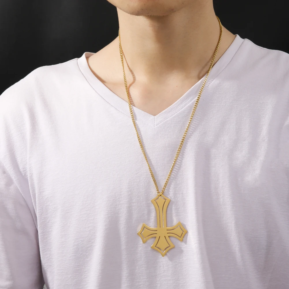 Myshape ​Inverted Cross Necklace Gothic Upside Down Crucifix Stainless Steel Necklaces Anit Christ Satanic Religion Male Jewelry