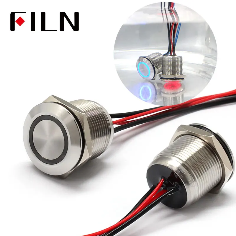 FILN 19MM 12V tri color IP68 waterproof flat round momentary push button switch metal stainless steel  with wire