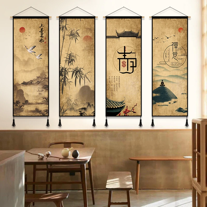 Chinese Style Ink Painting Landscape Canvas Decorative Painting Living Room Wall Art Poster Wood Scroll Wall Hanging Decor