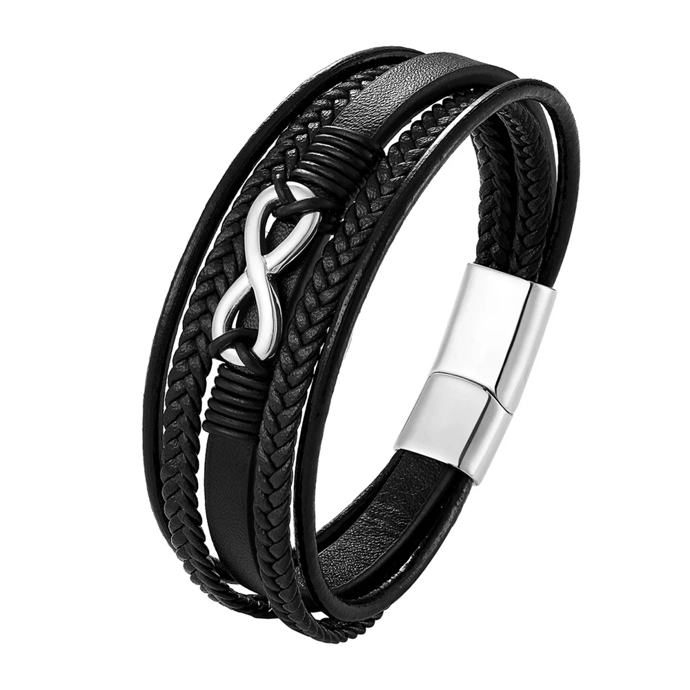 New Multi-Layer Genuine Leather 8 words Bracelet For Men Stainless Steel Magnetic Clasp Fashion Bangles Male Jewelry Pulseira