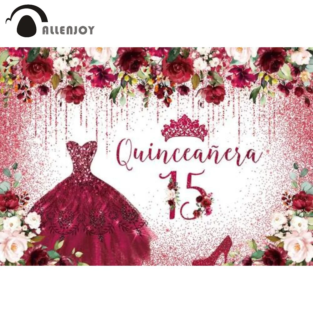 Allenjoy Quinceañera 15th Birthday Party Background Burgundy Blush Floral Girl Red Glitter Heels Crown Photophone Backdrop