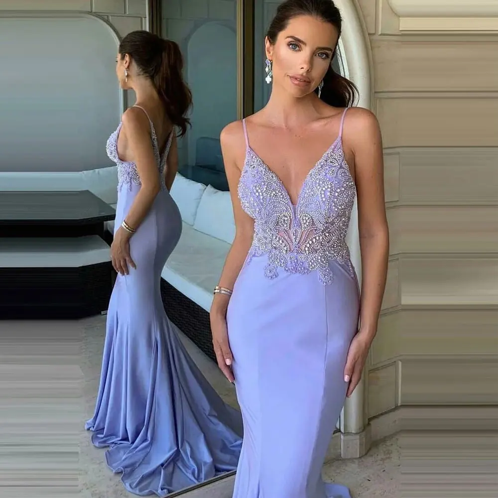 Lavender Party Gowns Mermaid / Trumpet  Dress Customized Spaghetti strap Sweep/Brush Beading Sleeveless Zipper Evening Dresses