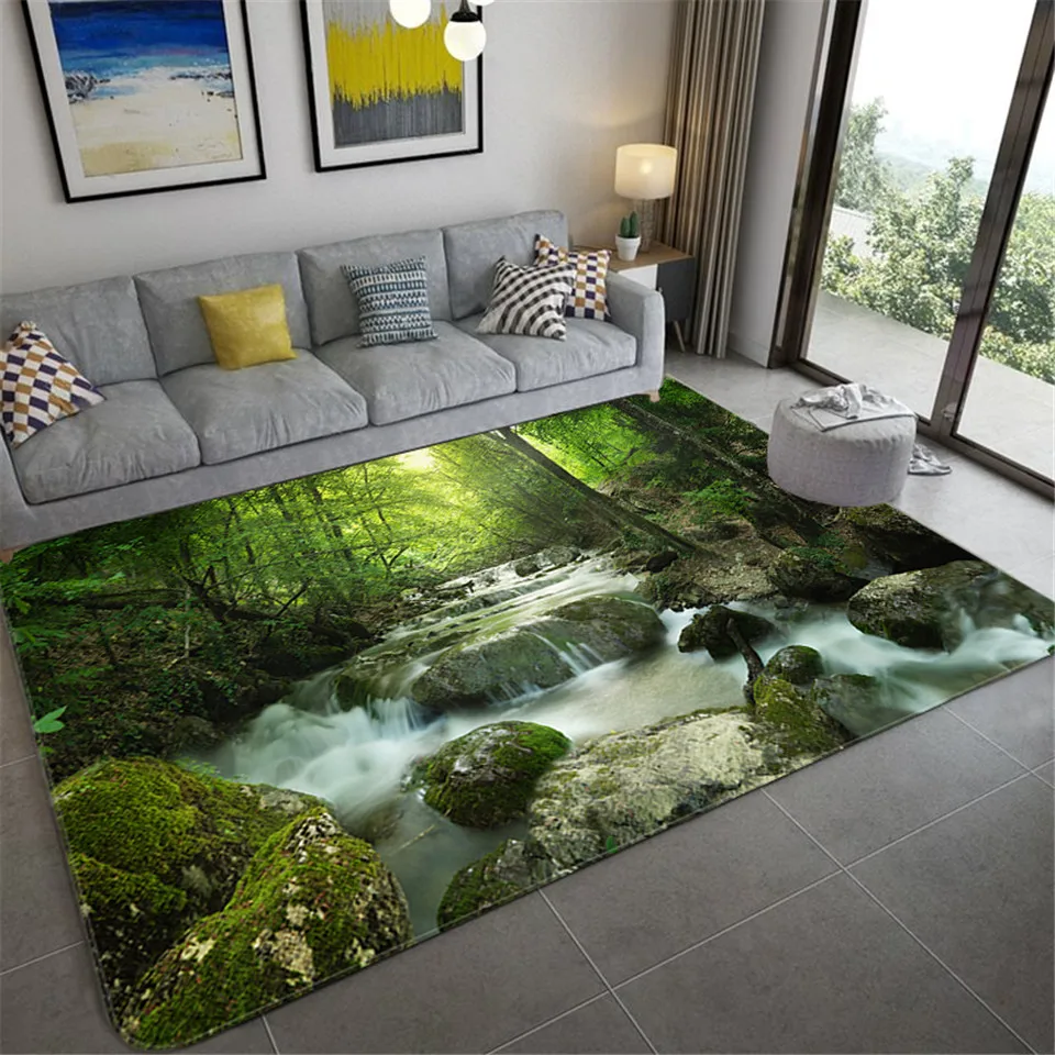 Natural Scenery 3D Carpet For Living Room Green Forest Waterfall Landscape Rug Bedroom Anti-slip Carpet In The Bathroom Large