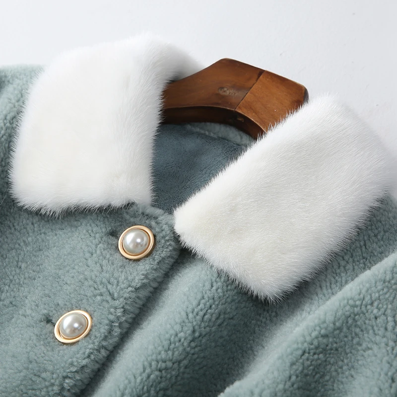 Real Fur Coat Female Winter Natural Mink Fur Collar Jacket Women Clothes 2020 Korean Sheep Shearing 100% Wool Tops Hiver SD5586