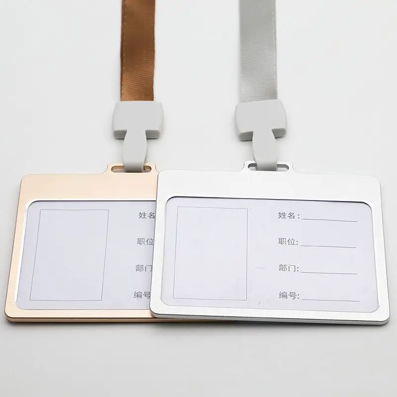 Horizontal Metal Aluminum ID Badge Card Holder Office Exhibition Working Card Name Tag With Neck Lanyard