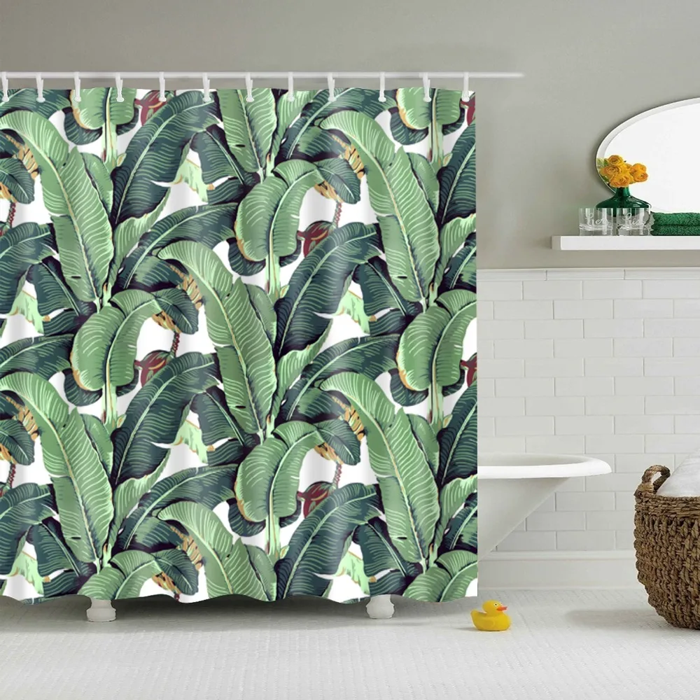 Green Tropical Plants Shower Curtains Bathroom Polyester Waterproof Shower Curtain Leaves Printing Curtains for Bathroom Shower