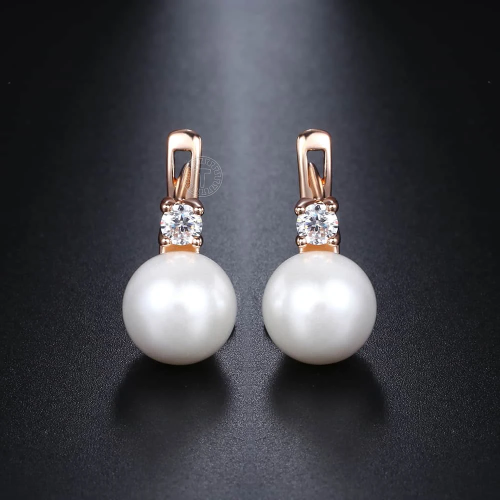 White Pearl Stud Earrings For Women 585 Rose Gold Color Paved Cubic Zirconia Girl Earring Wedding Fashion Jewelry Gifts DGE128