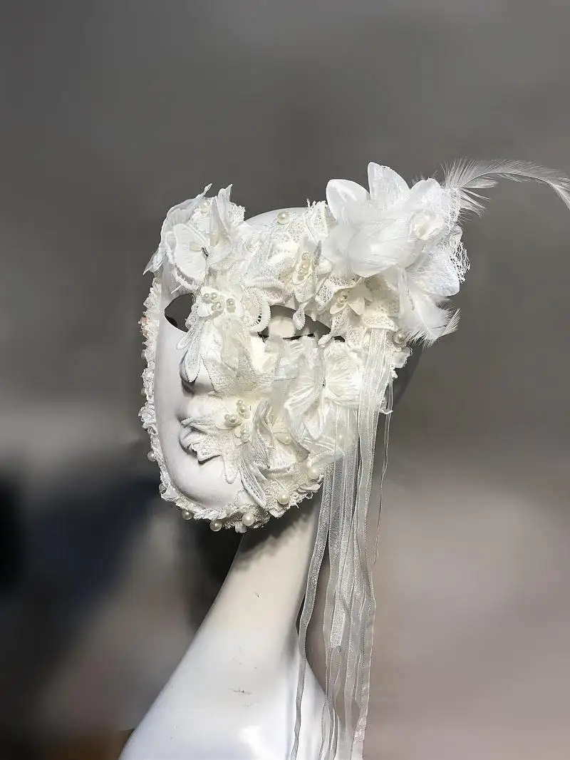 H3449 White Full Face Mask Halloween Cosplay Princess Masks Women Venice Carnival Masquerade Bar Party Mysterious Accessories