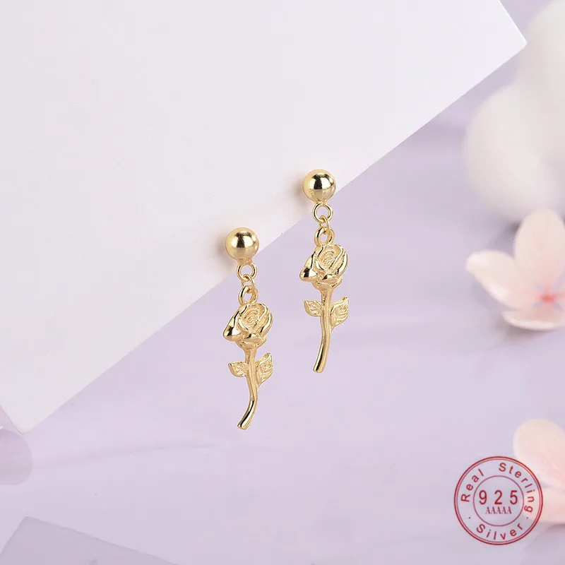 

HI MAN 925 Sterling Silver Plating 14K Gold Japanese Small Round Beads Rose Earrings Women Small Fresh Birthday Gift Jewelry