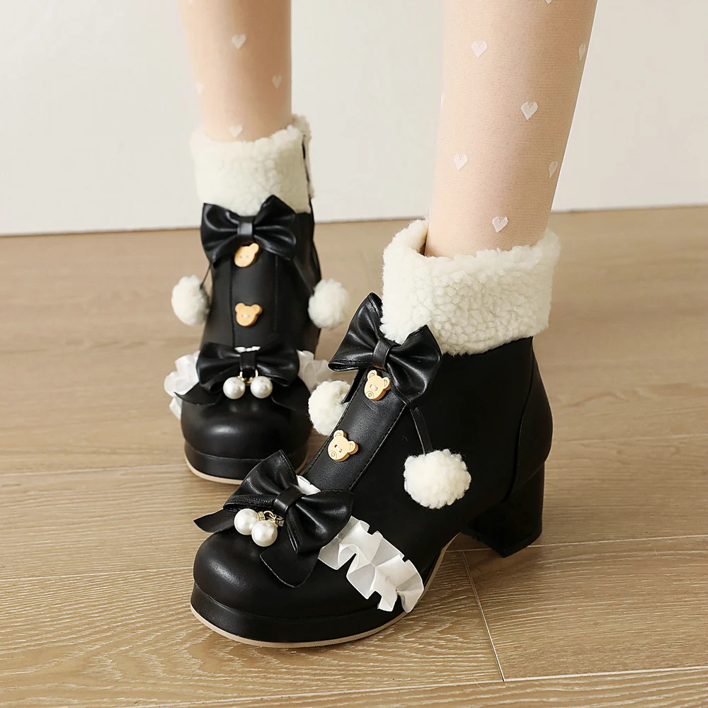 Women Winter Snow Warm Lambswool Fur Plush Lining PU Leather Ankle Boots Pearl Bowknot Anime Cosplay Girls Lolita Platform Shoes