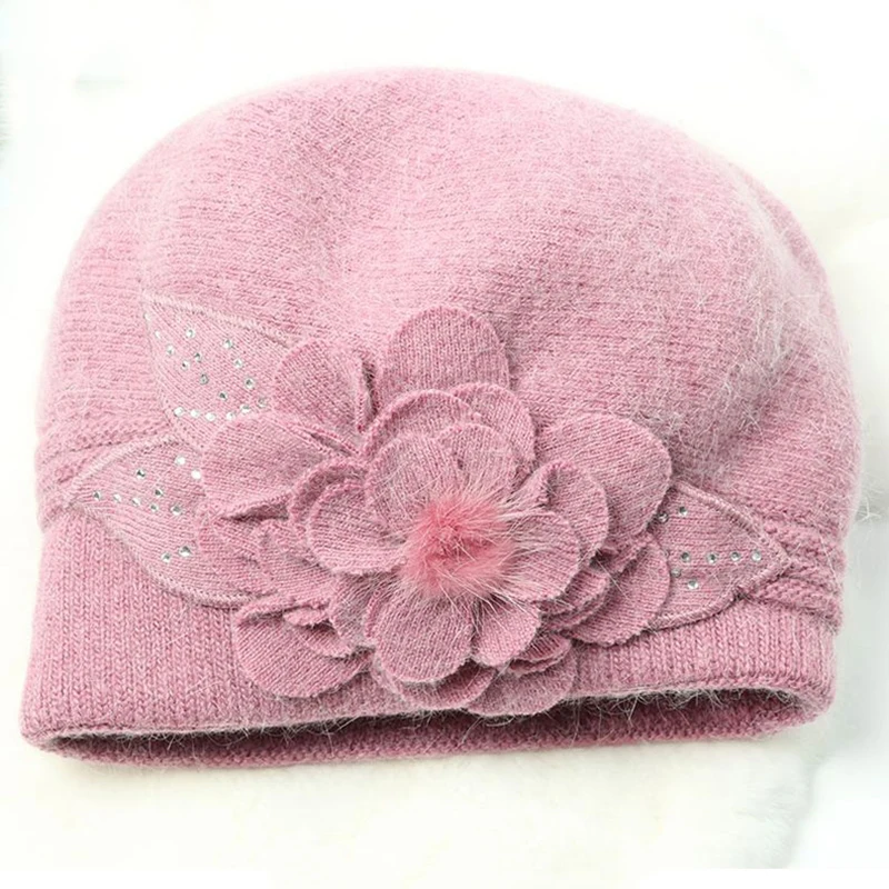 Beret Women Winter Hat Angora Knit Beanie Warm Autumn Flower Double Layers Skiing Outdoor Accessory For Female Headwear