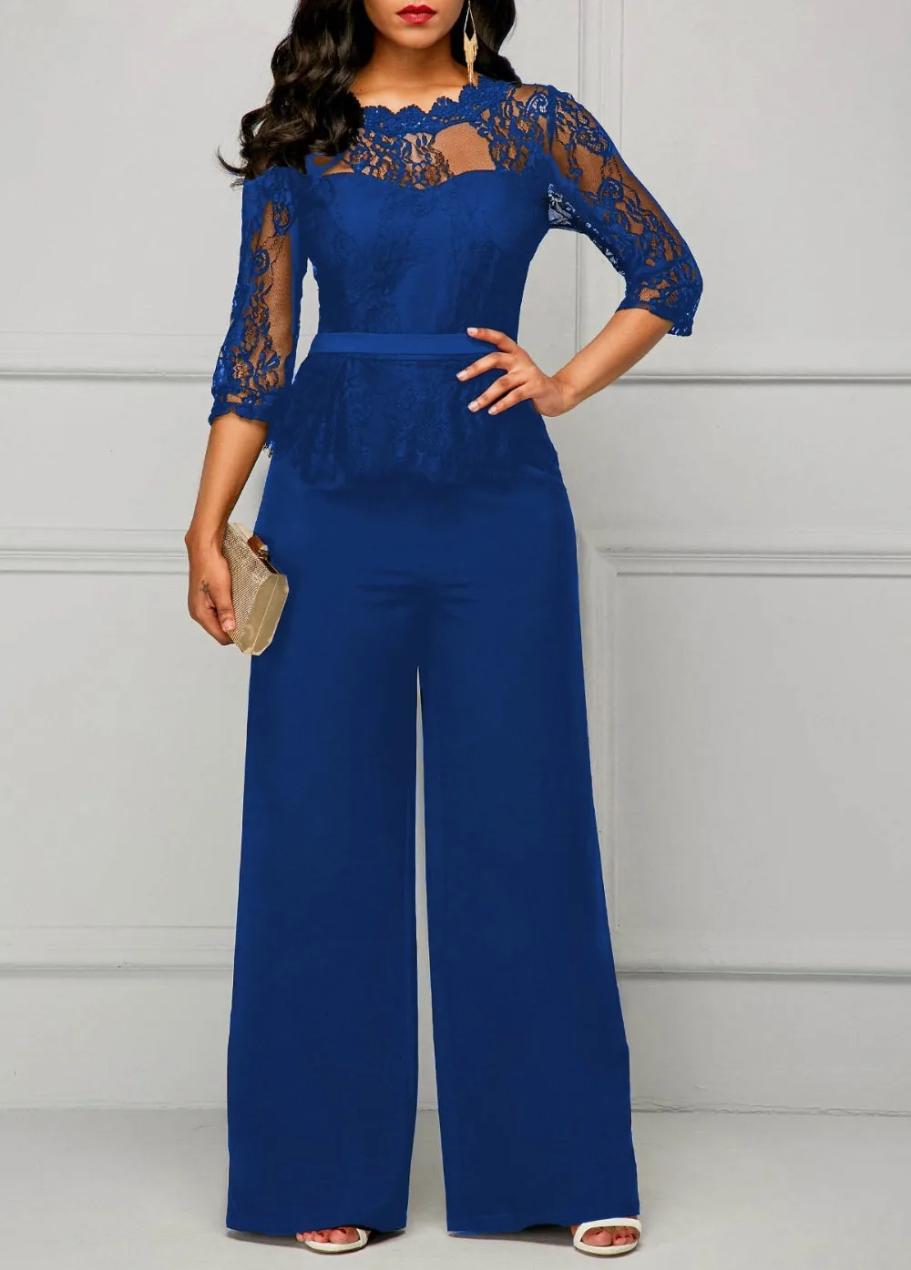 Elegant Sexy Jumpsuits Women Long Sleeve Lace Patchwork Jumpsuit Loose Trousers Wide Leg Pants Rompers Holiday Black Overalls