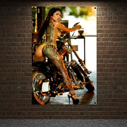 Sexy Female Biker Posters Wall Hanging Heavy Motorcycle Tattoo Banners Flags Tapestry Nice Girls Sexy Nude Art Canvas Painting