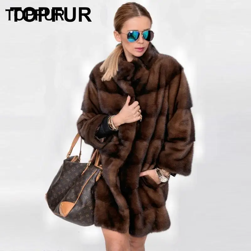 TOPFUR จริงขนสัตว์ฤดูหนาวสีน้ำตาลแจ็คเก็ต Collar Real Mink Fur Coat Collar ของแท้หนังผู้หญิง plus ขนาด