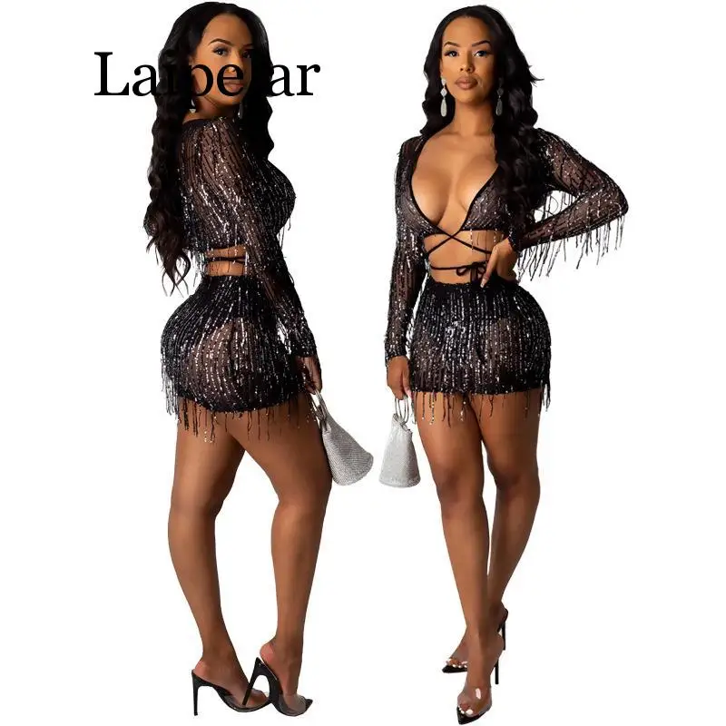 

Black Mesh Sheer Two Piece Outfits Sexy Sequin Mini Dress With Tassel Long Sleeve V Neck Party Night Club Tight Dresses