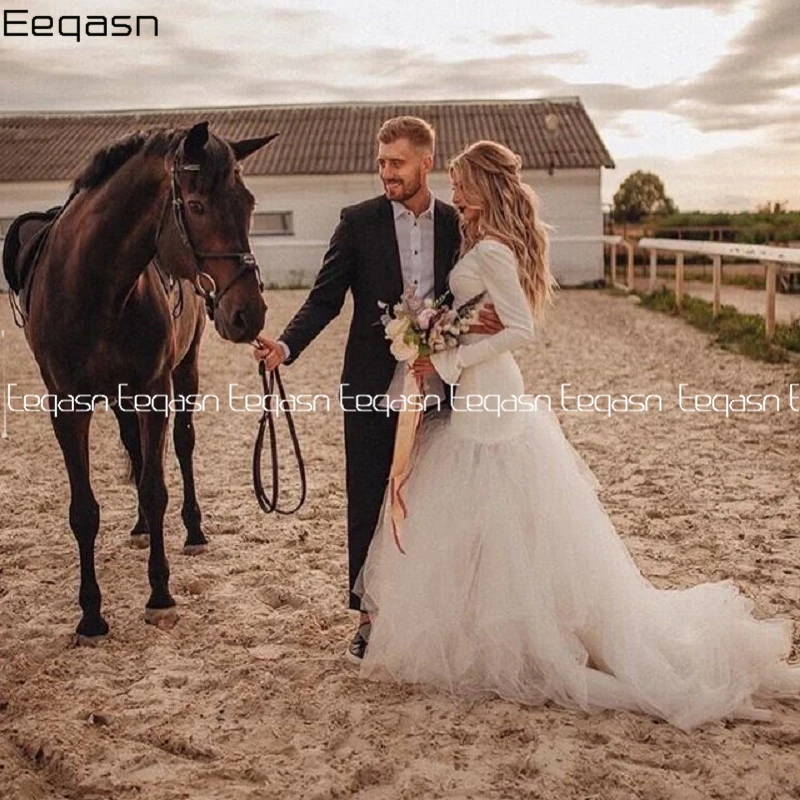 Eeqasn vestido de novia Vintage de dos piezas, manga larga, hombros descubiertos, vestidos de novia de playa, bata hecha a medida