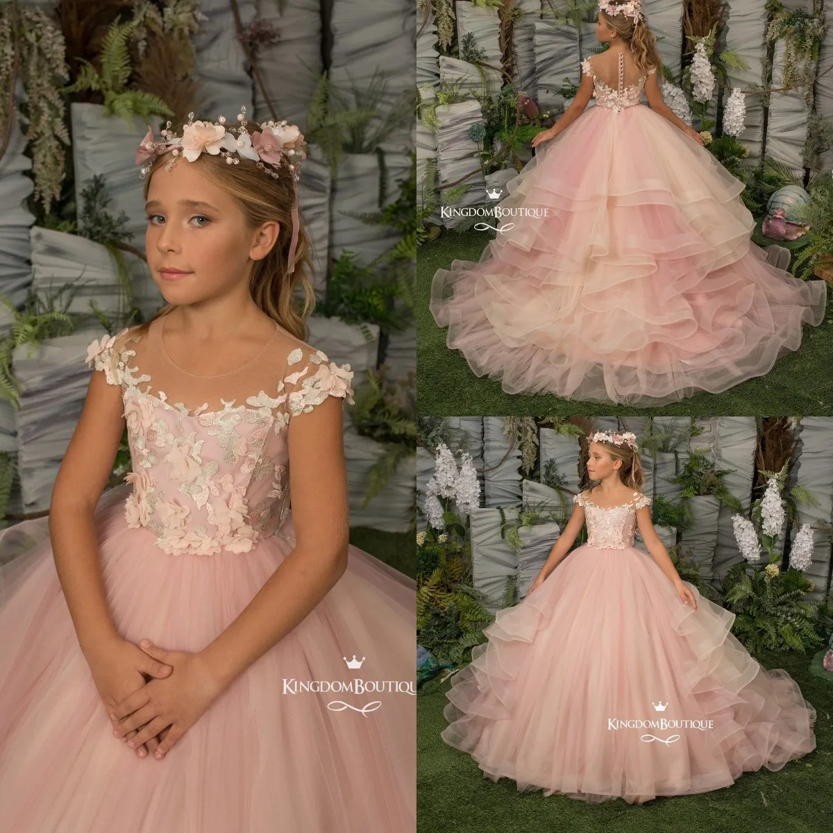 Tiered Ruffles Ball Gown Flower Girl Dresses For Wedding Floral Appliqued Toddler Girls Pageant Dress Kids Formal Wear Prom