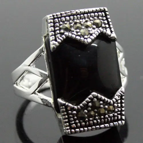 wholesale good 24*13mm 925 SILVER BELT NATURAL OBLONG BLACK AGATE MARCASITE RING SIZE 7/8/9/10 Fine man's jewelry Genuine Wedd