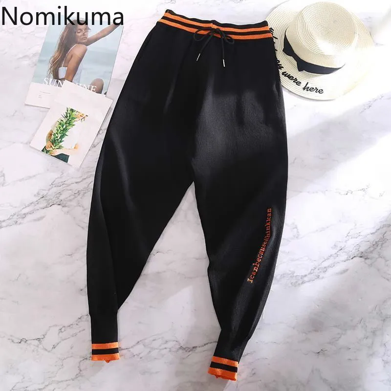 Nomikuma Knitted Stripe Harem Pants 2023 Autumn Winter Thick Sweater Women Trousers Lace Up Stretch High Waist Ankle  6C815