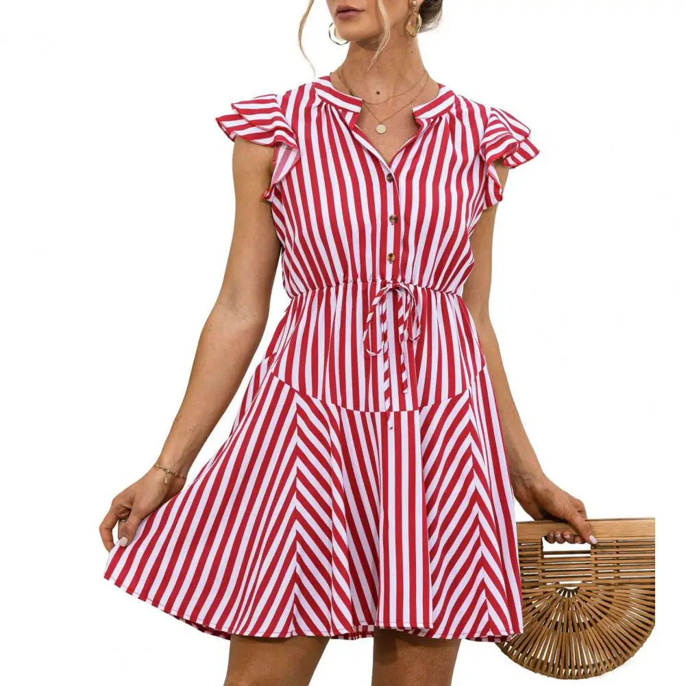 Summer Female Shirt Dress Half Placket Stripe Flying Sleeve V Neck Lace-up Waist Tied Mini Dresses for Women 2021