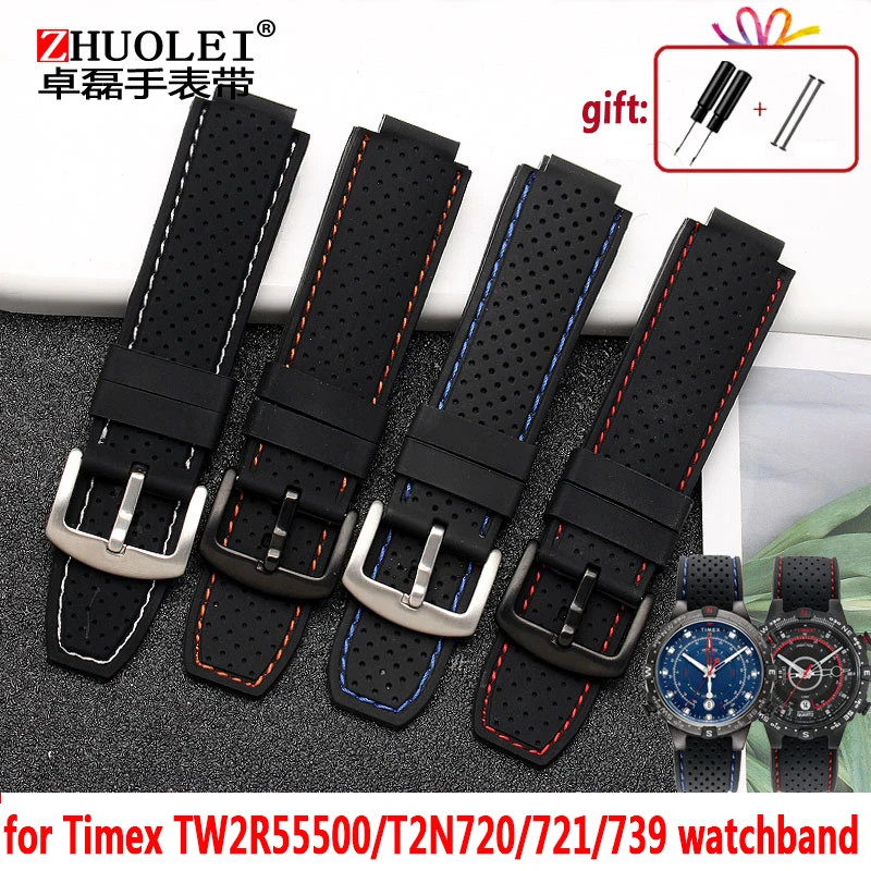 For men\'s Timex T49859|T2N720|T2p141|T2n722|723|738|739  Watchband waterproof rubber Strap 24*16mm lug end with tools Screw pins