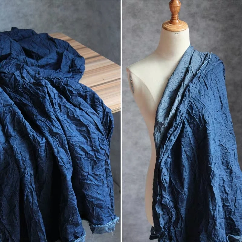 

Blue Pleated Denim Cotton Fabric Microfolds DIY Patchwork Patches Jeans Jacket Coat Trousers Clothing Designer Fabric