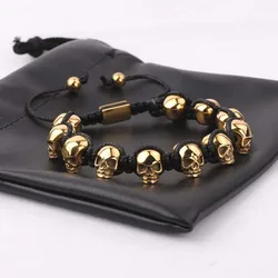 High Quality Stainless Steel Skull Braided Wrap Beads Bracelet For Men