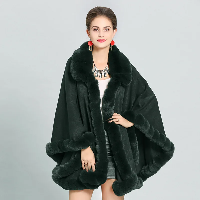 11สีฤดูใบไม้ร่วงฤดูหนาว Warm Faux Fur Lapel ผ้าคลุมไหล่ที่อบอุ่นแจ็คเก็ตแจ็คเก็ตหญิง Outwear Fluffy Cashmere Poncho ผู้หญิงเสื้อกันหนาว