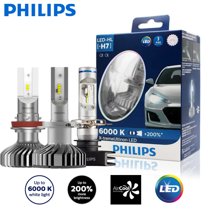 

Philips LED X-treme Ultinon H4 H7 H11 Car Lamps 6000K Super White Light +200% Bright H8 H11 H1 Fog Lamp LED Headlight, Pair