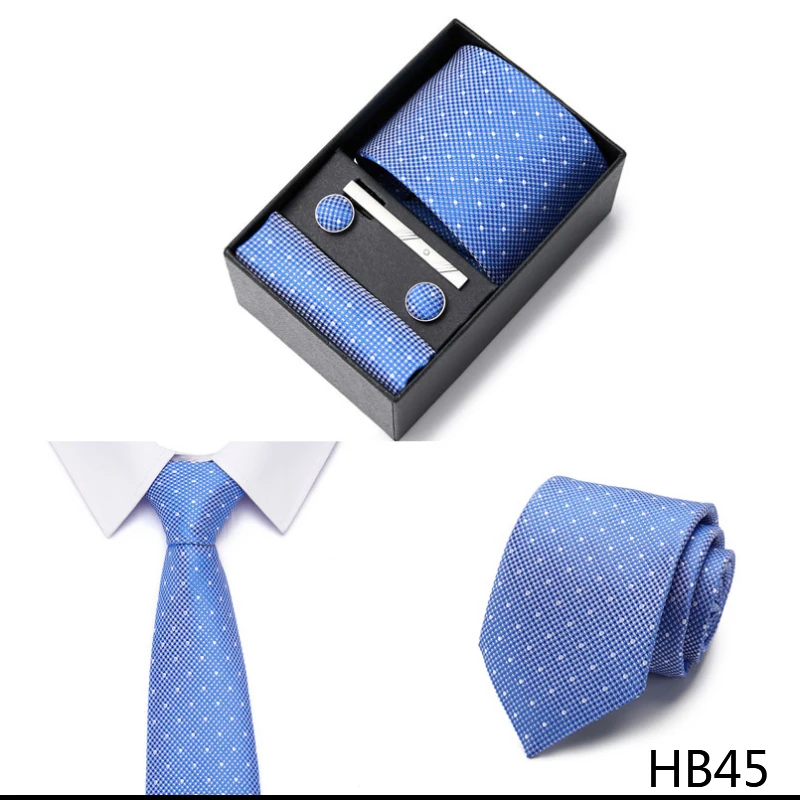 2023 neue Stil Hochzeit Geschenk Krawatte Für Männer Krawatte Box Anzug Zubehör Solide Blaue Krawatte Einstecktücher Manschettenknopf Set – Detail 11