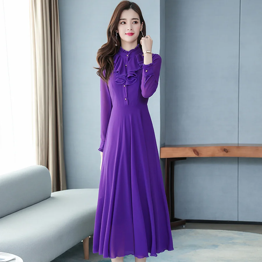 2024 Vintage Solid Chiffon Lady Maxi Dress Autumn Winter Long Sleeve Chic Evening Dress Elegant Women Bodycon Prom Party Vestido