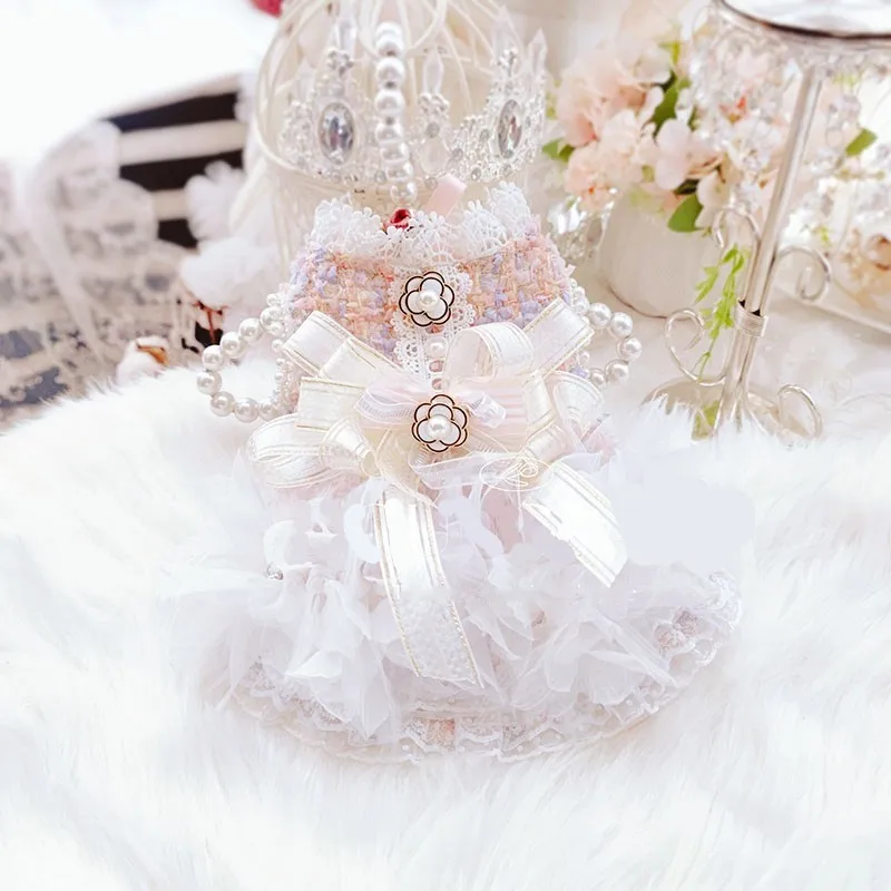 High-end Design Handmade Dog Clothes Elegant Costume Stylish Pet Dress Top Pink Tweed Tulle Skirt Dance Tutu Party Holiday