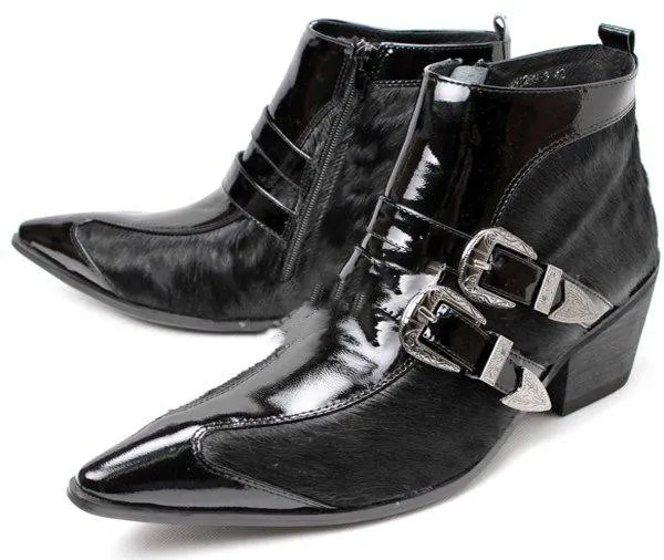 Korean Style Men Genuine Leather Shoes Pointed Toe Double Buckle Strap Ankle Boots Winter Dress Business Shoes Hombres Botas