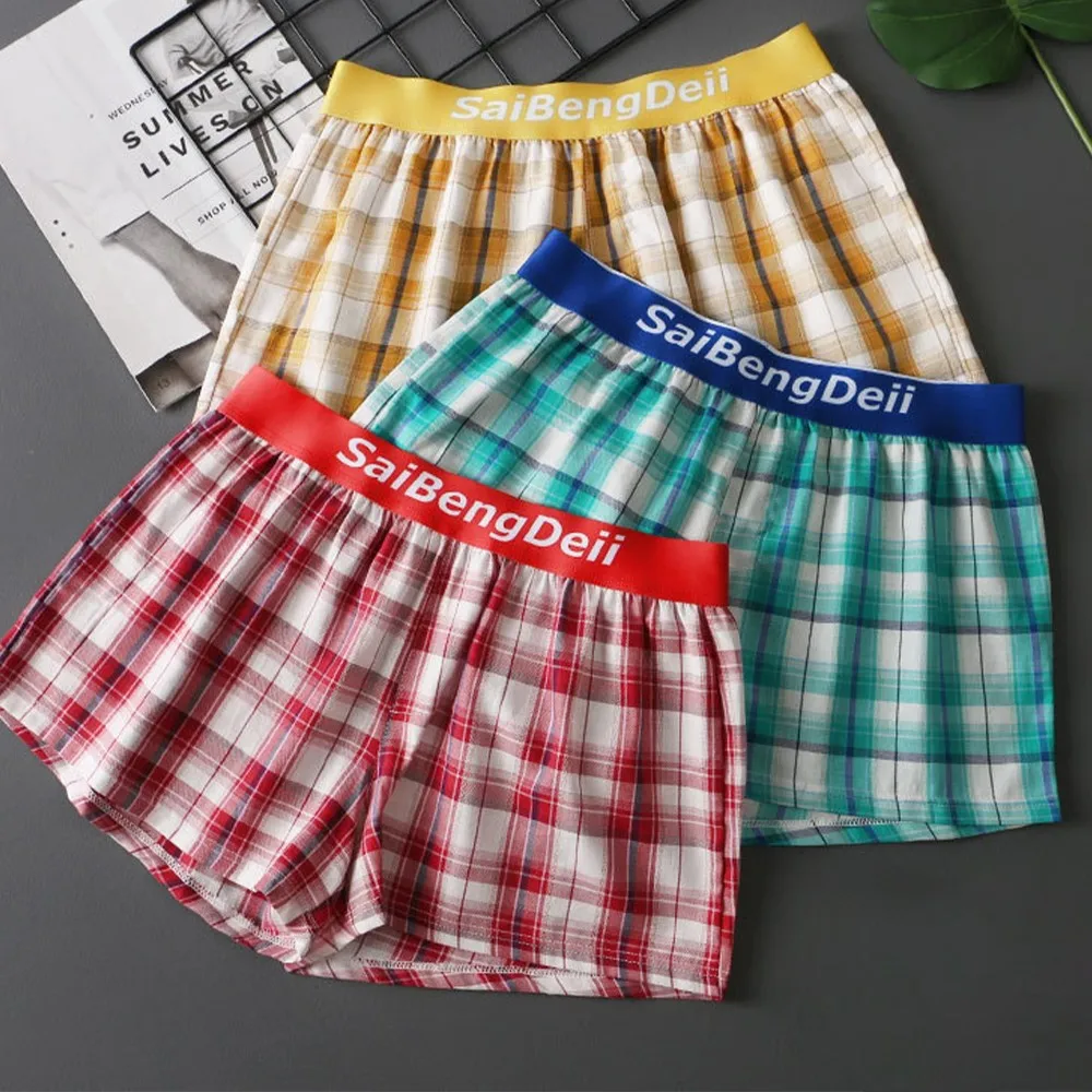 Hot Men\'s Plaid Pajamas Underwear Cotton Comfortable Loose Short Home Underpants Male Swimming Trunks Sleep Bottoms