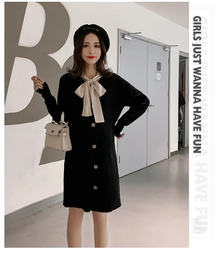 Shorha 2019 Maternity Sweater Fashion V-neck Tie Bow Dress Pregnancy Slim Joker Maternity Bowknot Collar Dress Sweater Dress